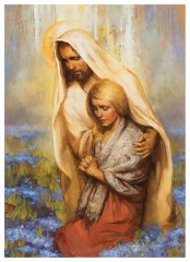 Jesus comforts women while she kneels in prayer