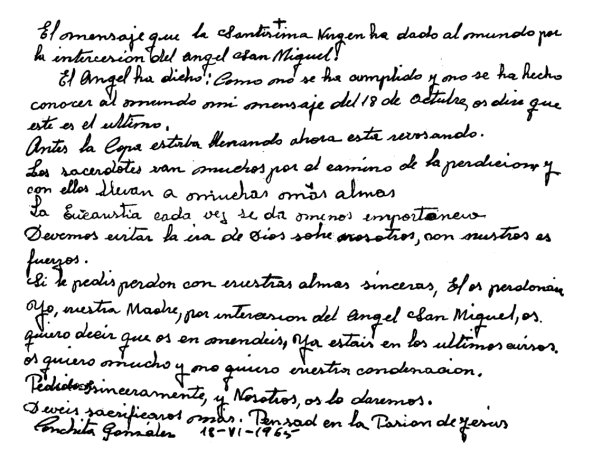 Manuscrito de Conchita con el Mensaje del 18 de Junio de 1965